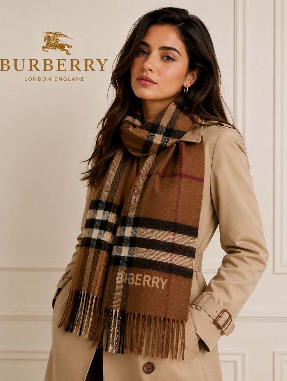 NWT Authentic Burberry Brown Vintage Check Logo Scarf